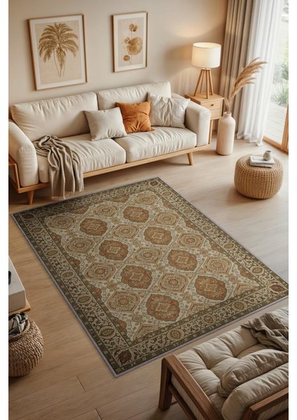 Osmanlı Türk Kültürü Desenli Klasik Oturma Odası Halısı, Kiremit Renli Halı, Makinede Yıkanabilir Madalyon Halı