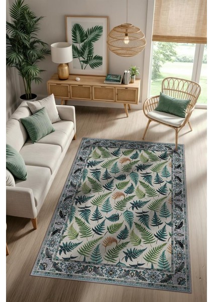 Eğrelti Otu ve Ağaç Yaprağı Desenli Klasik Yıkanabilir Halı, Botanik Desenli Salon Halısı, Yeşil Doğal Ev Dekoru
