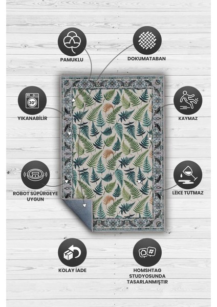 Eğrelti Otu ve Ağaç Yaprağı Desenli Klasik Yıkanabilir Halı, Botanik Desenli Salon Halısı, Yeşil Doğal Ev Dekoru modelleri