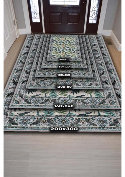 Eğrelti Otu ve Ağaç Yaprağı Desenli Klasik Yıkanabilir Halı, Botanik Desenli Salon Halısı, Yeşil Doğal Ev Dekoru fırsatları