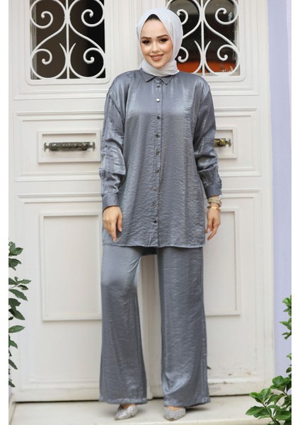 Düğmeli Füme Tesettür İkili Takım 12471FU
