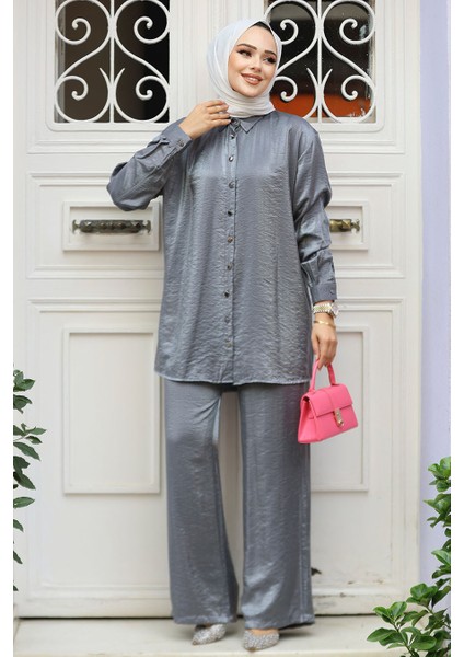 Düğmeli Füme Tesettür İkili Takım 12471FU fiyatları