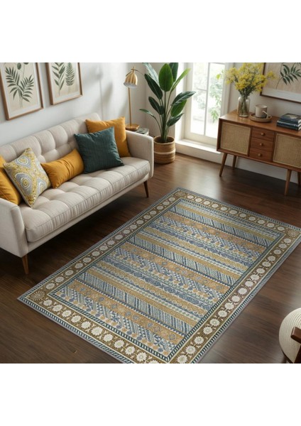 Rustik Geometrik Desenli, Çiçek Bordürlü Mavi ve Hardal Renkli Benzersiz Salon Halısı, Yıkanabilir Bohem Oturma Odası Halısı