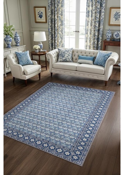 Klasik Porselen Desenli Çiçekli Mavi Salon Halısı, Mavi Oturma Odası Halısı, Çini Desenli Yıkanabilir Halı