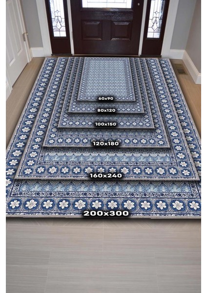 Klasik Porselen Desenli Çiçekli Mavi Salon Halısı, Mavi Oturma Odası Halısı, Çini Desenli Yıkanabilir Halı fırsatları