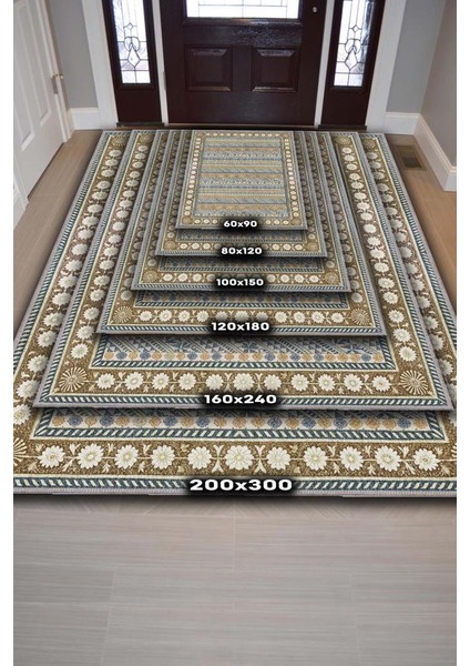 Rustik Geometrik Desenli, Çiçek Bordürlü Mavi ve Hardal Renkli Benzersiz Salon Halısı, Yıkanabilir Bohem Oturma Odası Halısı fırsatları