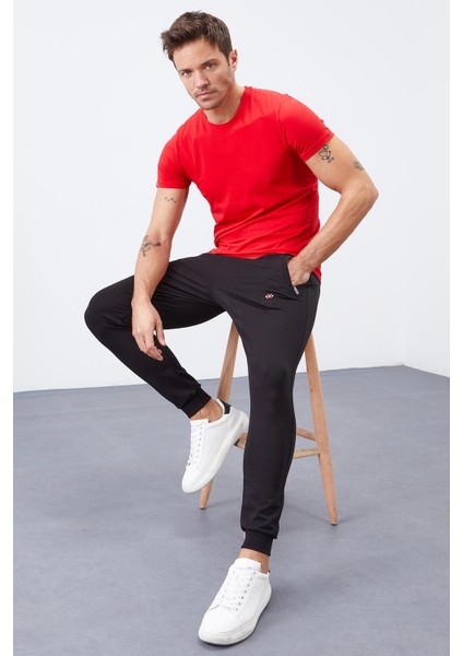 Siyah Fermuar Cepli Dar Kalıp Jogger Erkek Eşofman Alt - 84343
