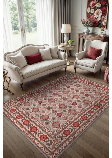 Nar Rengi Çiçek Figürlü Antik Halı, Geleneksel Tarz Makinede Yıkanabilir Halı