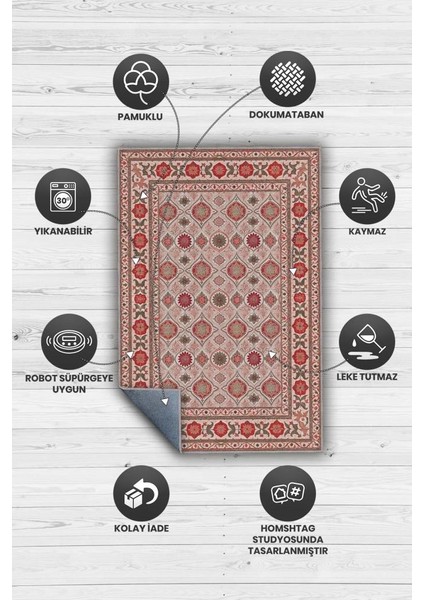 Nar Rengi Çiçek Figürlü Antik Halı, Geleneksel Tarz Makinede Yıkanabilir Halı modelleri