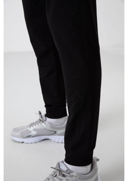 Siyah Pamuk Yumuşak Dokulu Standart Fit Nakışlı Erkek Eşofman Alt - 82133