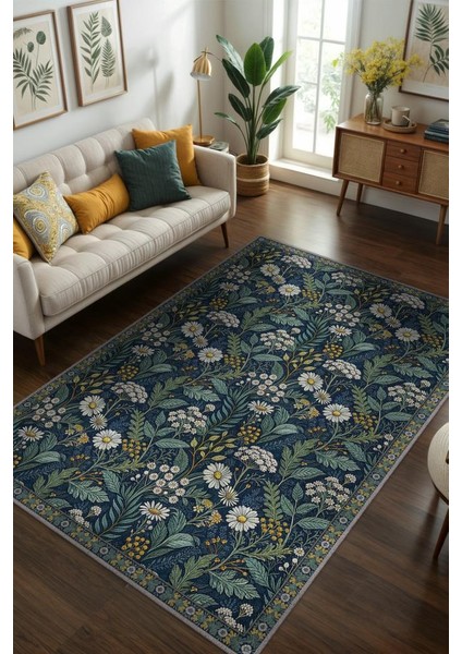 Koyu Renkli Çiçekli Maksimalist Halı, Papatya Bahçesi Temalı Oturma Odası Halısı, Huzur Verici Oda Dekoru