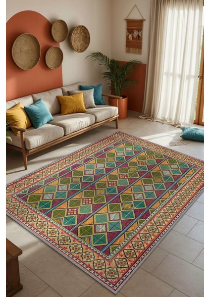 Geometrik Çok Renkli Antik Oturma Odası Halısı, Enerjik ve Sanatsal Ev Dekoru Için Yıkanabilir Halı