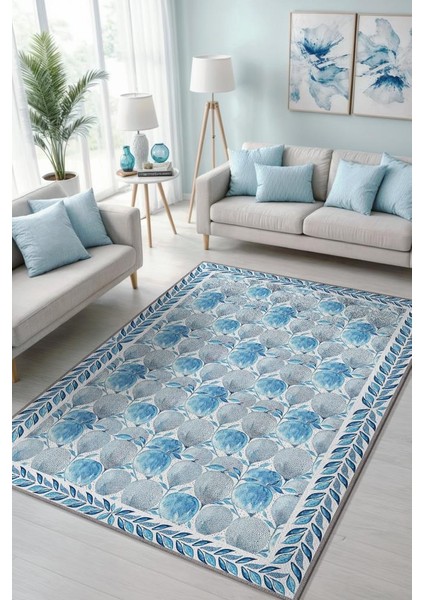 Pastel Mavi Botanik Bohem Halı, Çiçek Desenli Salon Halısı, Yıkanabilir Dokuma Pamuk Tabanlı Kaymaz Tabanlı Halı