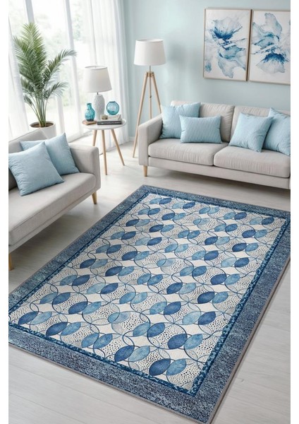 Modern Tarz Okyanus Temalı Geometrik Desenli Salon Halısı, Mavi Halı, Minimal Ev Dekoru, Yıkanabilir Halı