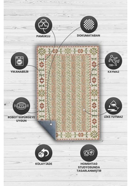 Terrakota ve Adaçayı Yeşili Botanik Desenli Geometrik Oturma Odası Halısı, Japon & Iskandinav Oda Dekoru, Japandi Halı modelleri