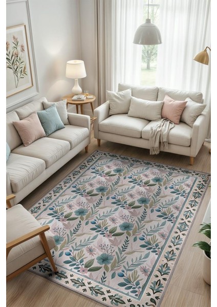 El Çizimi Çiçek Desenli Yıkanabilir Oturma Odası Halısı, Ferah Salon Halısı, Tamamlayıcı Pastel Oda Dekoru Halısı
