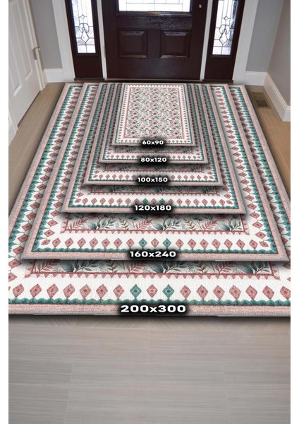 Çiçekli Yeşil Pembe Halı, Pastel Oturma Odası Halısı, Yıkanabilir Vintage Halı fırsatları