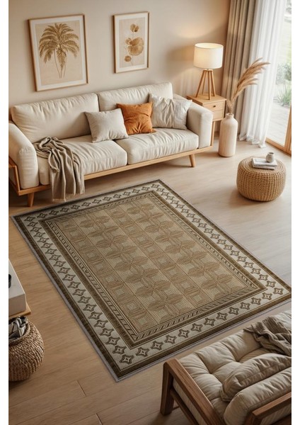 Rustik Halı, Ahşap Oda Dekoru Için Yıkanabilir Minimlasit Halı, Bordürlü Gelneksel Halı