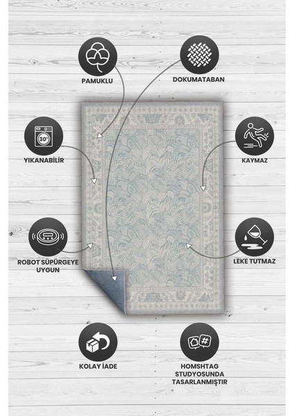 Yıkanabilir Dokuma Pamuk Tabanlı Pastel Mavi Halı, Kıyı Temalı Bitki Desenli Salon Halısı modelleri