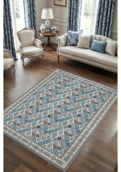 Botanik Desenli Geometrik Salon Halısı, Kahverengi Mavi Krem Halı, Iskandinav Halı