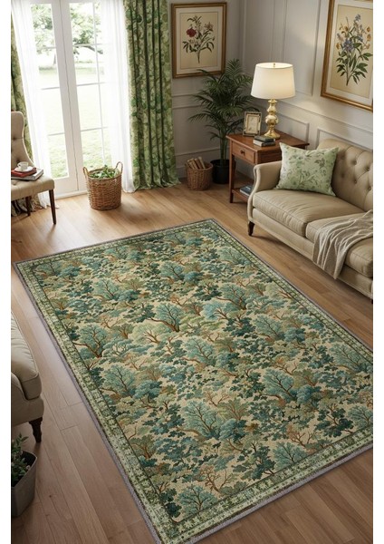 Ağaç Desenli Yeşil Halı, Yıkanabilir Dokuma Pamuk Tabanlı Salon Halısı, Dekoratif Halı, Doğal Ev Dekoru