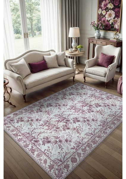 Gül Pembesi Renkli Çiçek Desenli Vintage Salon Halısı, Romantik Oda Dekoru Için Yıkanabilir Dokuma Pamuk Tabanlı Halı