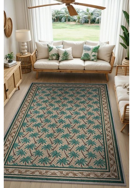 Palmiye Ağacı Desenli Kahverengi Halı, Egzotik Oturma Odası Dekoru Halısı, Bohem Tarz Salon Halısı