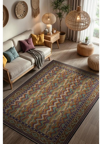 Dalgalı Soyut Desenli Retro Hal Karamel Renkli Salon Halısı, Yıkanabilir Koyu Renkli Halı