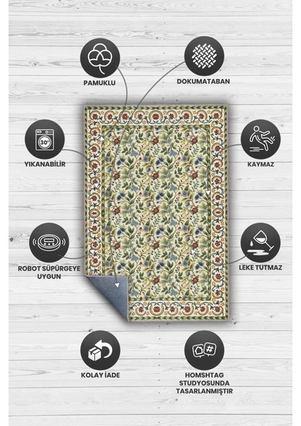 Bağ Evi Dekoru Tarzı Işlemeli Çiçekli Halı, Antik Desenli Halı, Nostaljik Yıkanabilir Halı modelleri