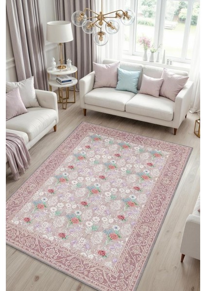 Vintage Tarz Çiçek Desenli Pastel Oturma Odası Halısı, Pembe Halı, Maksimalist Ev Dekoru