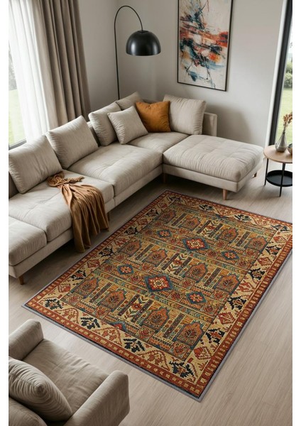 Etnik Kafkas Desenli Geleneksel Rustik Halı, Yıkanabilir Oturma Odası Halısı