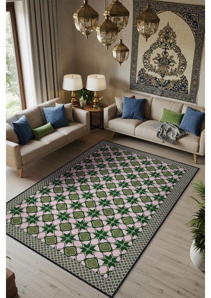 Zümrüt Geometrik Halı, Makinede Yıkanabilir Ritmik Desenli Halı, Oturma Odası Halısı