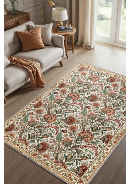 Çiçek Desenli Yatak Odası Halısı, Klasik Tarz Yeşil Kırmızı Halı, Vintage Ev Dekoru, Yıkanabilir Dokuma Pamuk Tabanlı Kaymaz Tabanlı Halı