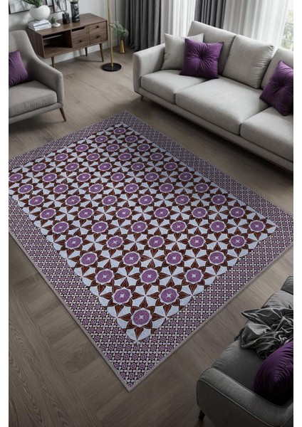 Mürdüm Eriği Renkli Geometrik Desenli Antik Salon Halısı, Yıkanabilir Mutfak Halısı, Oturma Odası Halısı