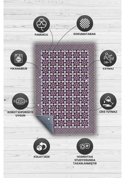 Mürdüm Eriği Renkli Geometrik Desenli Antik Salon Halısı, Yıkanabilir Mutfak Halısı, Oturma Odası Halısı modelleri