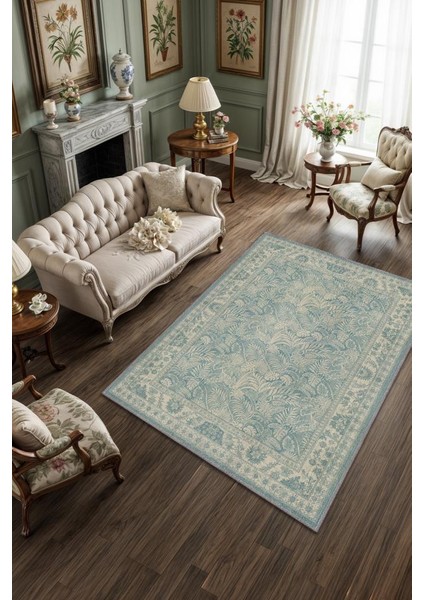 Çiçek Desenli Halı Vintage Mavi Halı, Maksimalist Ev Dekoru, Yıkanabilir Dokuma Pamuk Tabanlı Tropikal Oda Dekoru Halısı