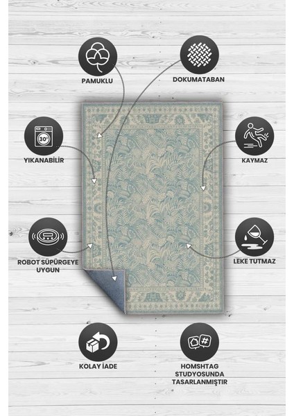 Çiçek Desenli Halı Vintage Mavi Halı, Maksimalist Ev Dekoru, Yıkanabilir Dokuma Pamuk Tabanlı Tropikal Oda Dekoru Halısı modelleri