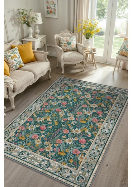 Kır Evi Tarzı Çok Renkli Papatya Detaylı Çiçek Bahçesi Temalı Oturma Odası Halısı, Salon Halısı, Mutfak Halısı