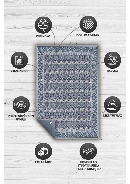 Yaprak Motifli 19.yüzyıl Temalı Mavi Lacivert Halı, Yıkanabilir Oturma Odası Halısı, Klasik Salon Halısı modelleri