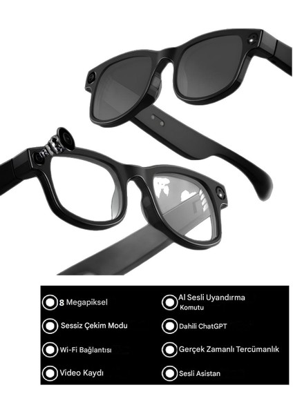 Aı Smart Gözlük,yapay Zeka Nesne Tanıma, 8mp Kamera, Wifi Bağlantılı, Video Kayıt, Anında Sesli Tercüman, 1080P Hd, Müzik Dinleme Özellikli