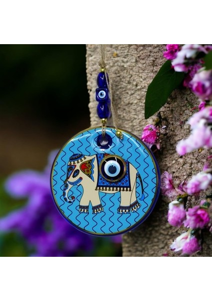 Yaldızlı Fil Modelli Nazar Boncuklu Duvar Süsü Mavi Camlı Duvar Dekoru modelleri