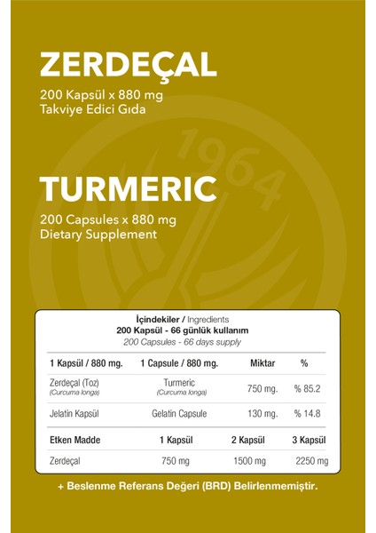 Nop Naturel Zerdeçal | Zerdeçal 200 Kapsül X 880Mg | Turmeric fiyatları