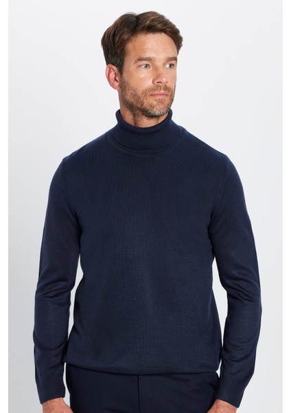 Erkek Slim Fit Dar Kesim Yumuşak Dokulu Tüylenmeyen Lacivert Tam Balıkçı Yaka Triko Kazak fırsatları