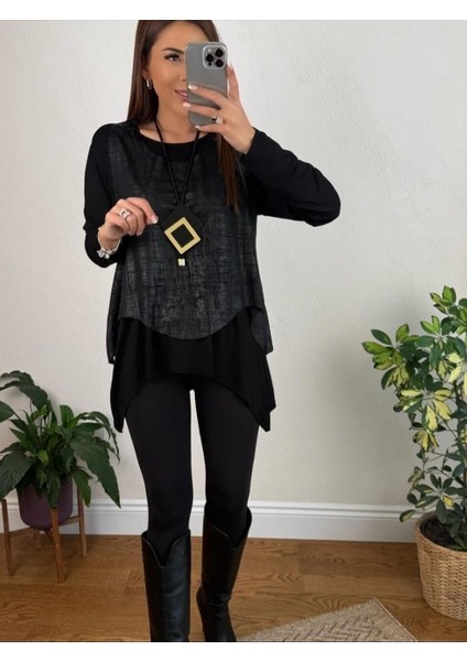 Kadın Siyah Deri Yelekli Kolye Dahil Üçlü Takım