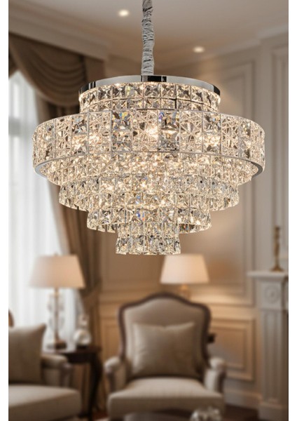 Cristalin Krom 60 cm Kristal Taşlı Modern Avize – Salon ve Oturma Odası