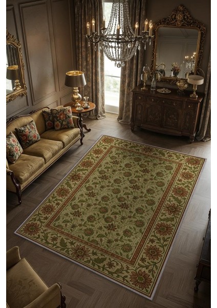 Vintage Salon Halısı, Zeytin Yeşili Halı, Maksimalist Klasik Ev Dekoru Için Yıkanabilir Halı