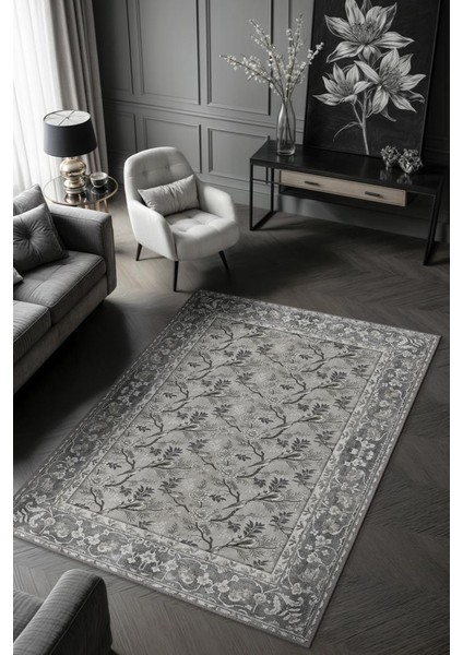 Çiçek ve Kuş Desenli Antik Viktoryan Halı, Makinede Yıkanabilir Gri Tonlu Halı
