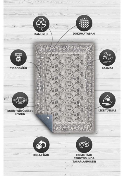 Çiçek ve Kuş Desenli Antik Viktoryan Halı, Makinede Yıkanabilir Gri Tonlu Halı modelleri