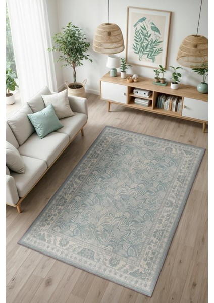 Yıkanabilir Dokuma Pamuk Tabanlı Pastel Mavi Halı, Kıyı Temalı Bitki Desenli Salon Halısı