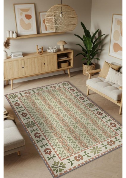 Terrakota ve Adaçayı Yeşili Botanik Desenli Geometrik Oturma Odası Halısı, Japon & Iskandinav Oda Dekoru, Japandi Halı